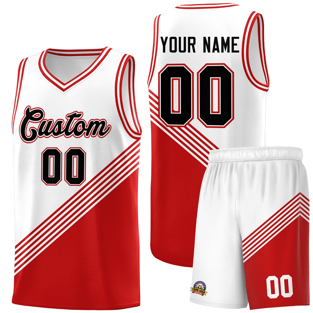Custom White Red Diagonal Stripes Color Block Sets Basketball Jersey | For Men,For Youth,Sublimation Printed,Perfect for Training,Perfect for Teams | KXKSHOP