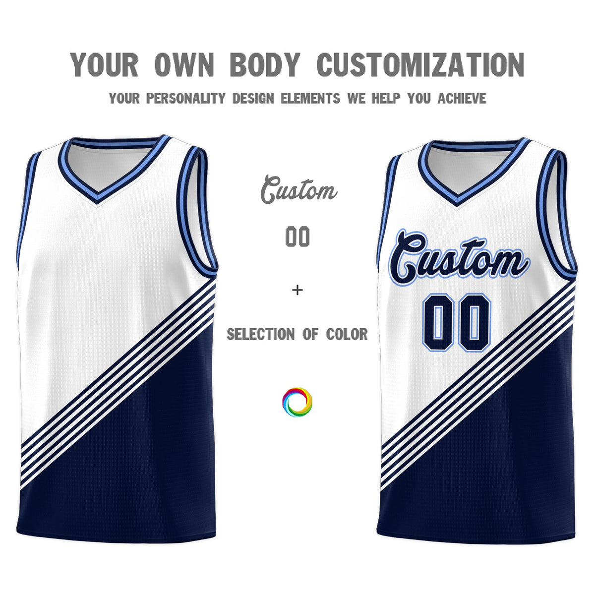 Custom White Navy Light Blue Diagonal Stripes Color Block Sets Basketball Jersey | For Men,For Youth,Sublimation Printed,Perfect for Training,Perfect for Teams | KXKSHOP