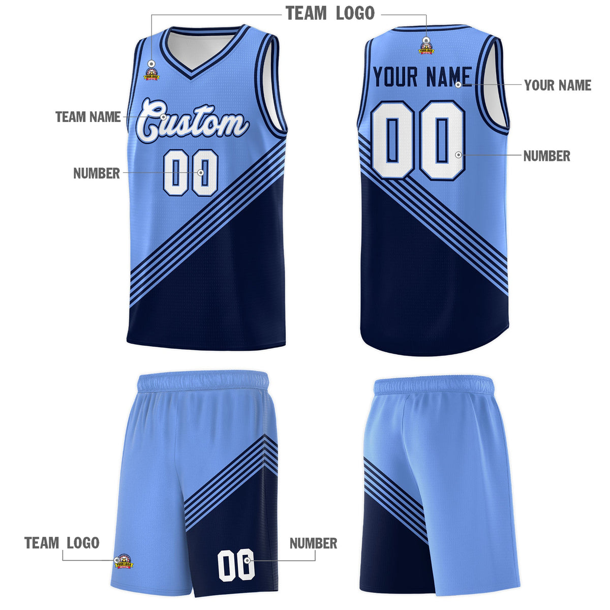 Custom Light Blue Navy Diagonal Stripes Color Block Sets Basketball Jersey | For Men,For Youth,Sublimation Printed,Perfect for Training,Perfect for Teams | KXKSHOP