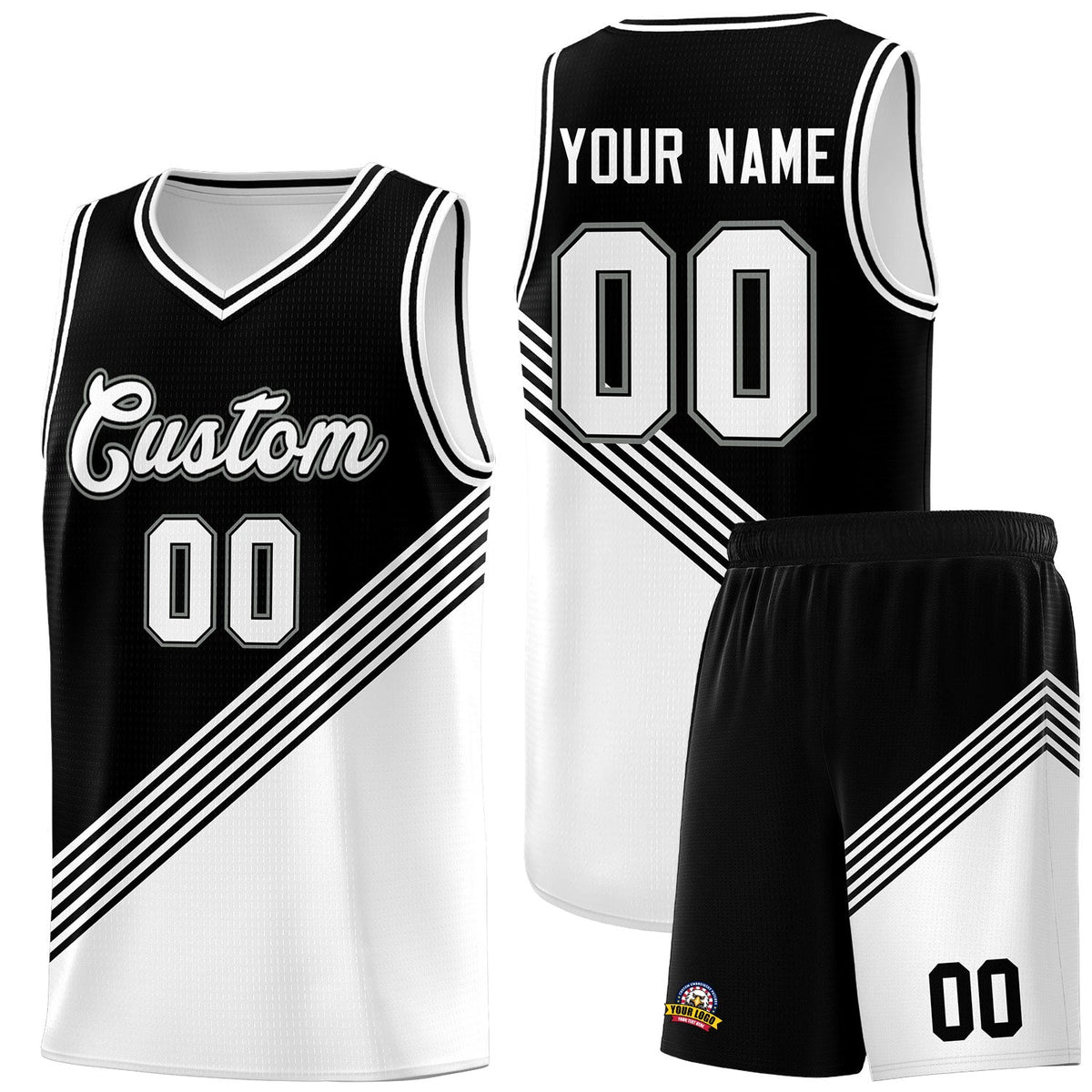 Custom Black White Diagonal Stripes Color Block Sets Basketball Jersey | For Men,For Youth,Sublimation Printed,Perfect for Training,Perfect for Teams | KXKSHOP