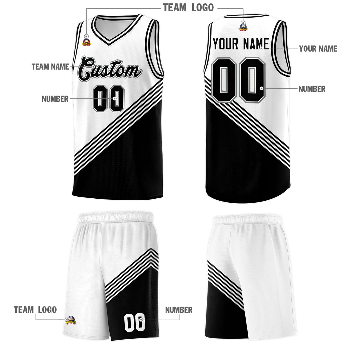 Custom White Black Diagonal Stripes Color Block Sets Basketball Jersey | For Men,For Youth,Sublimation Printed,Perfect for Training,Perfect for Teams | KXKSHOP