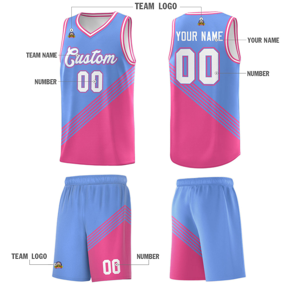 Custom Light Blue Pink White Diagonal Stripes Color Block Sets Basketball Jersey | For Men,For Youth,Sublimation Printed,Perfect for Training,Perfect for Teams | KXKSHOP