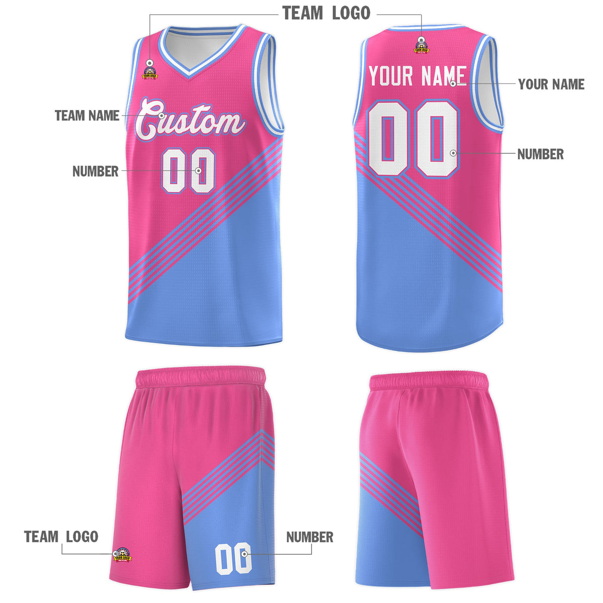 Custom Pink Light Blue White Diagonal Stripes Color Block Sets Basketball Jersey | For Men,For Youth,Sublimation Printed,Perfect for Training,Perfect for Teams | KXKSHOP