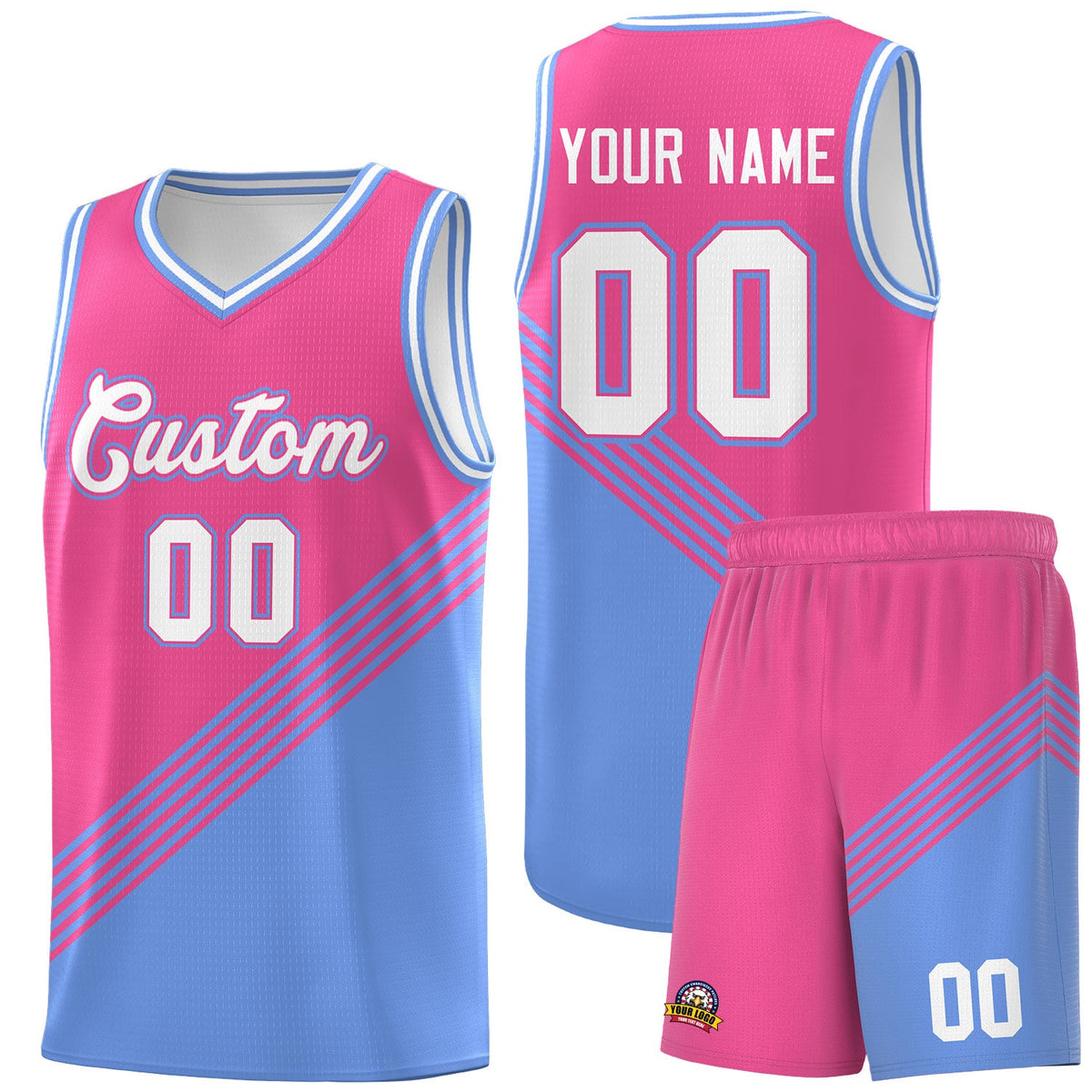 Custom Pink Light Blue White Diagonal Stripes Color Block Sets Basketball Jersey | For Men,For Youth,Sublimation Printed,Perfect for Training,Perfect for Teams | KXKSHOP
