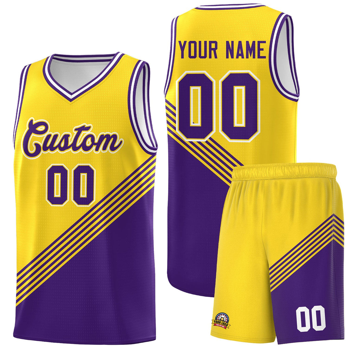 Custom Gold Purple White Diagonal Stripes Color Block Sets Basketball Jersey | For Men,For Youth,Sublimation Printed,Perfect for Training,Perfect for Teams | KXKSHOP