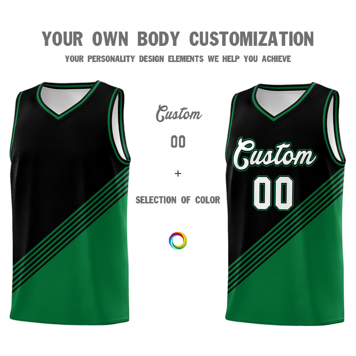 Custom Black Kelly Green Diagonal Stripes Color Block Sets Basketball Jersey | For Men,For Youth,Sublimation Printed,Perfect for Training,Perfect for Teams | KXKSHOP