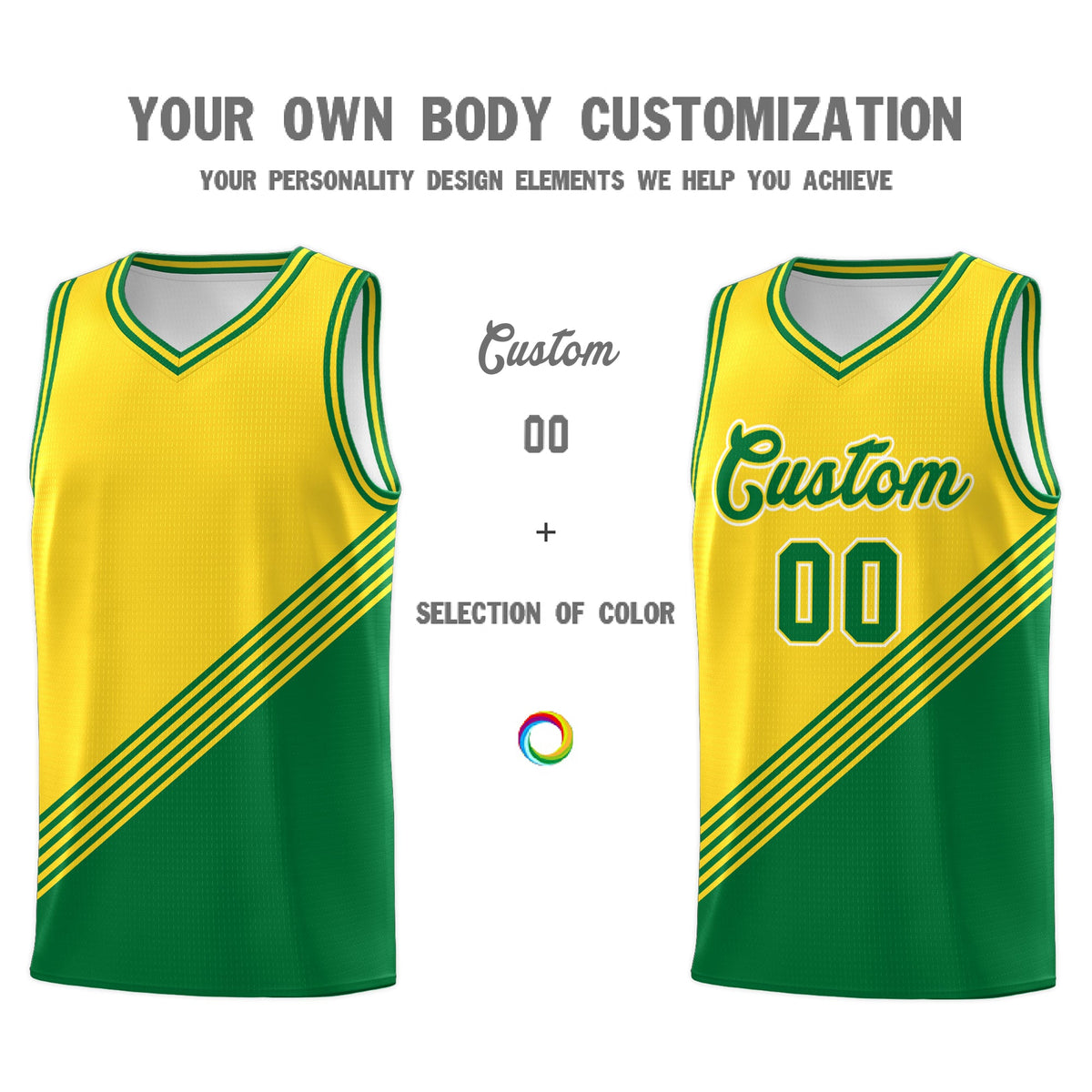Custom Gold Kelly Green Diagonal Stripes Color Block Sets Basketball Jersey | For Men,For Youth,Sublimation Printed,Perfect for Training,Perfect for Teams | KXKSHOP