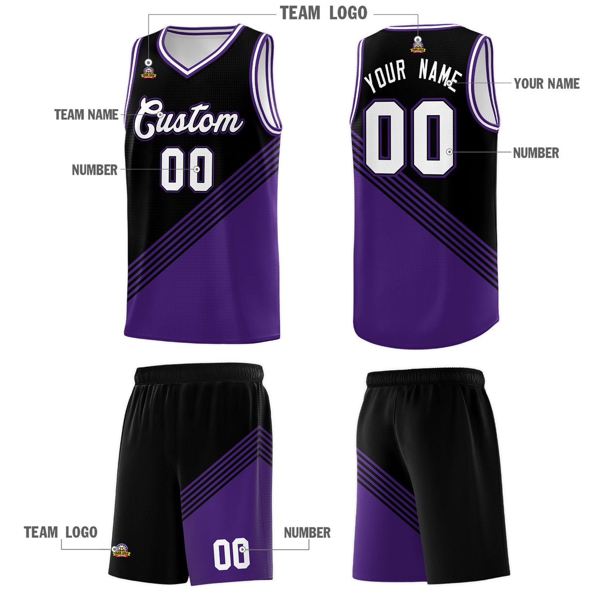 Custom Black Purple White Diagonal Stripes Color Block Sets Basketball Jersey | For Men,For Youth,Sublimation Printed,Perfect for Training,Perfect for Teams | KXKSHOP