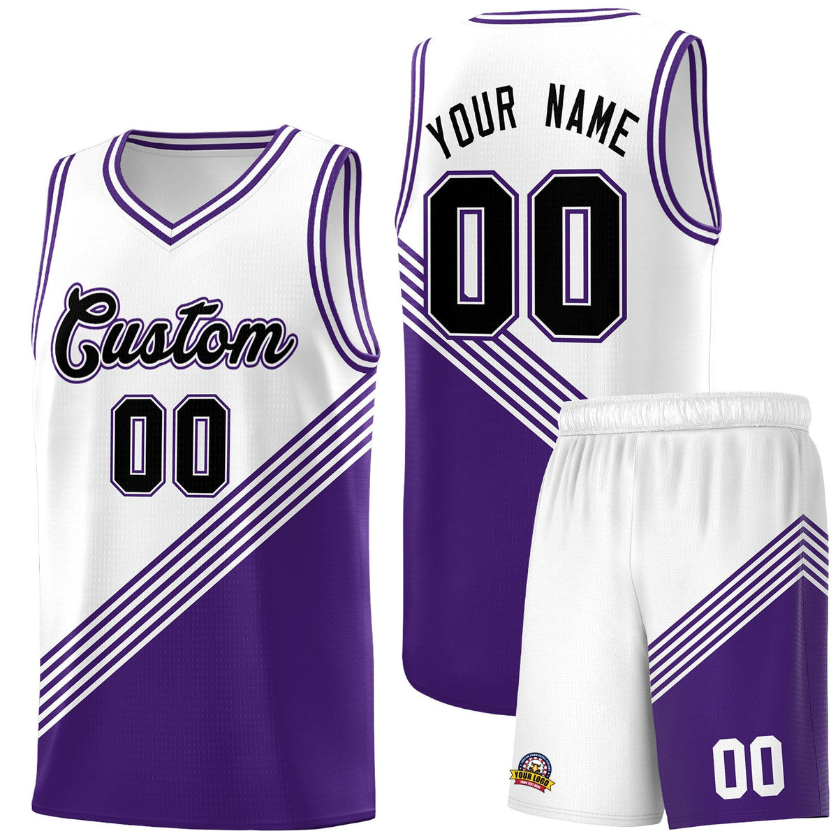 Custom White Purple Diagonal Stripes Color Block Sets Basketball Jersey | For Men,For Youth,Sublimation Printed,Perfect for Training,Perfect for Teams | KXKSHOP