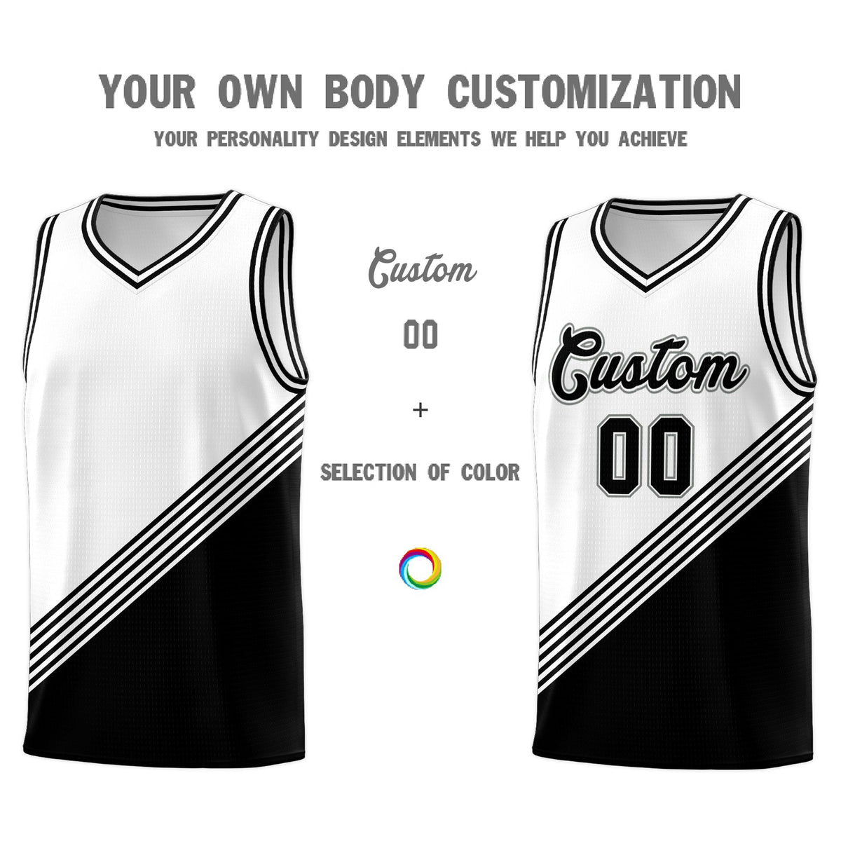 Custom White Black Diagonal Stripes Color Block Sets Basketball Jersey | For Men,For Youth,Sublimation Printed,Perfect for Training,Perfect for Teams | KXKSHOP