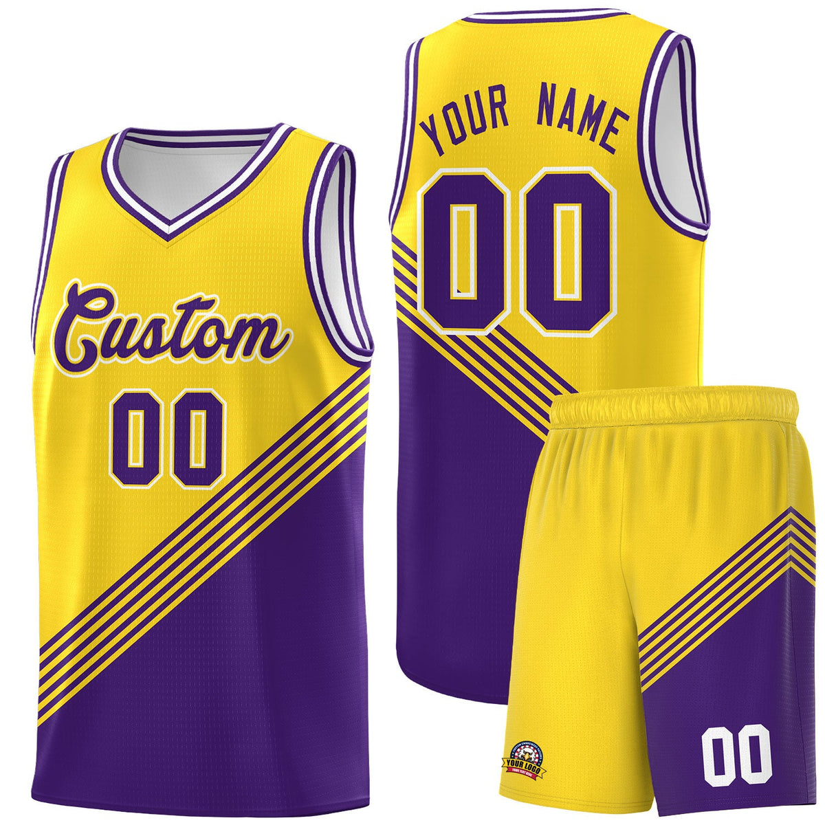 Custom Gold Purple White Diagonal Stripes Color Block Sets Basketball Jersey | For Men,For Youth,Sublimation Printed,Perfect for Training,Perfect for Teams | KXKSHOP