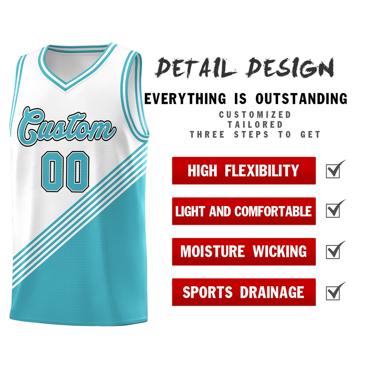 Custom White Sky Blue Diagonal Stripes Color Block Sets Basketball Jersey | For Men,For Youth,Sublimation Printed,Perfect for Training,Perfect for Teams | KXKSHOP