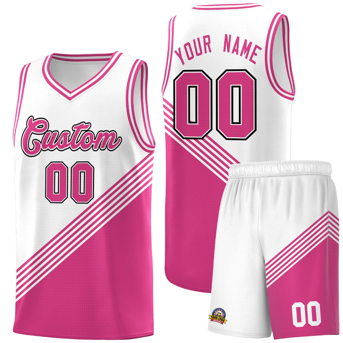 Custom White Pink Diagonal Stripes Color Block Sets Basketball Jersey | For Men,For Youth,Sublimation Printed,Perfect for Training,Perfect for Teams | KXKSHOP