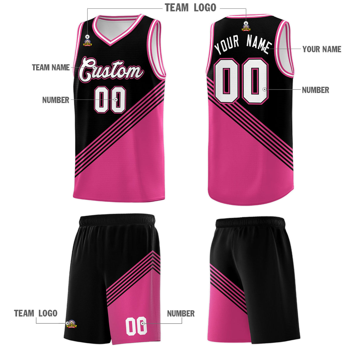 Custom Black Pink White Diagonal Stripes Color Block Sets Basketball Jersey | For Men,For Youth,Sublimation Printed,Perfect for Training,Perfect for Teams | KXKSHOP