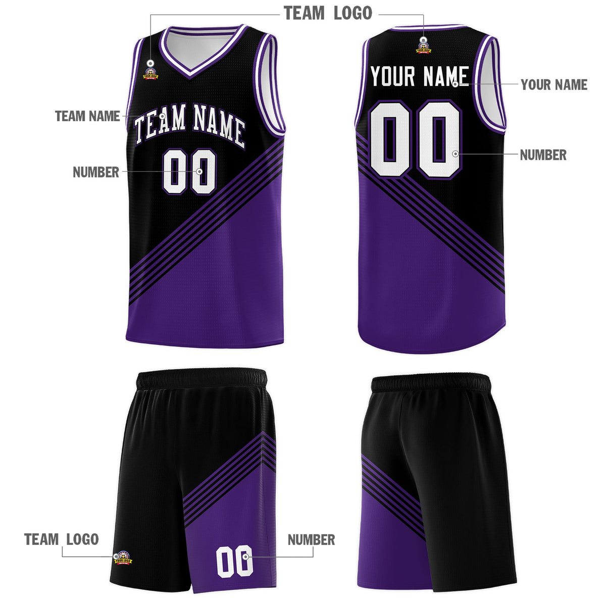 Custom Black Purple White Diagonal Stripes Color Block Sets Basketball Jersey | For Men,For Youth,Sublimation Printed,Perfect for Training,Perfect for Teams | KXKSHOP