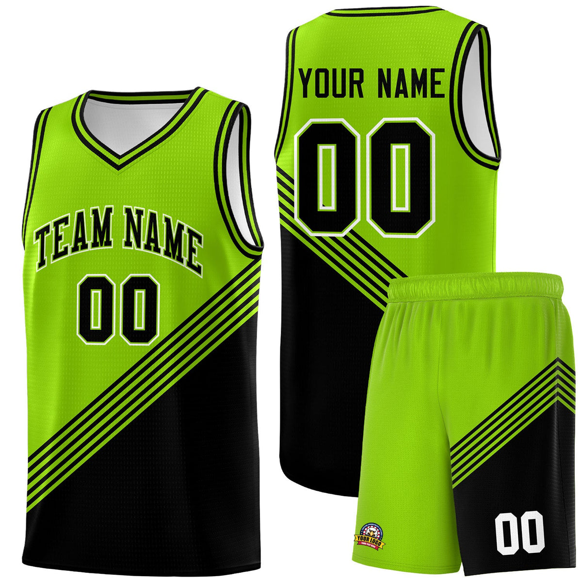 Custom Neon Green Black Diagonal Stripes Color Block Sets Basketball Jersey | For Men,For Youth,Sublimation Printed,Perfect for Training,Perfect for Teams | KXKSHOP