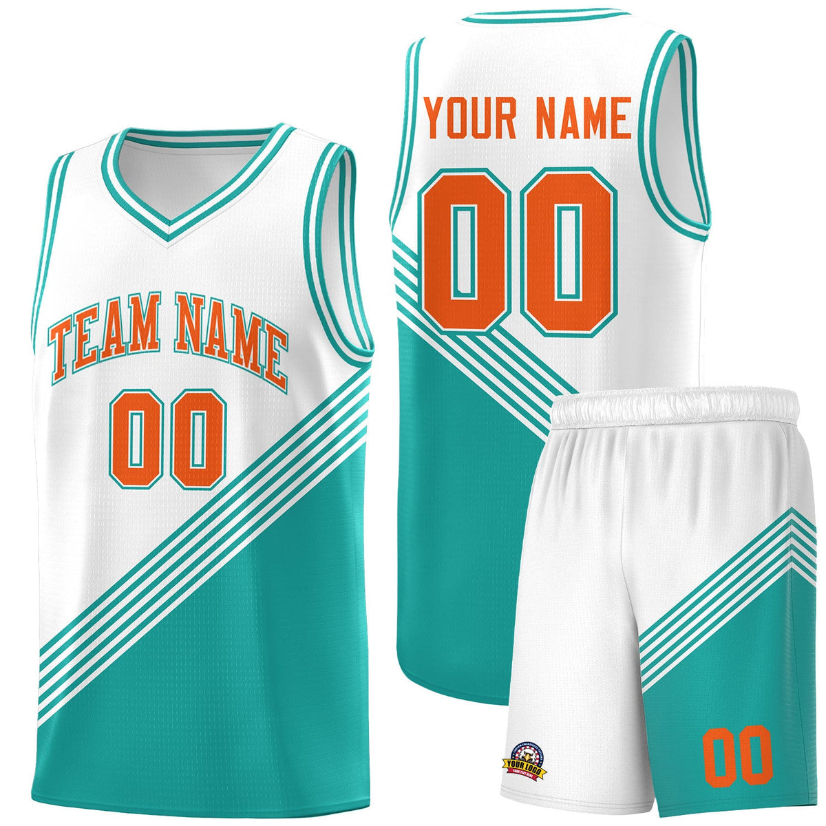 Custom White Aqua Diagonal Stripes Color Block Sets Basketball Jersey | For Men,For Youth,Sublimation Printed,Perfect for Training,Perfect for Teams | KXKSHOP