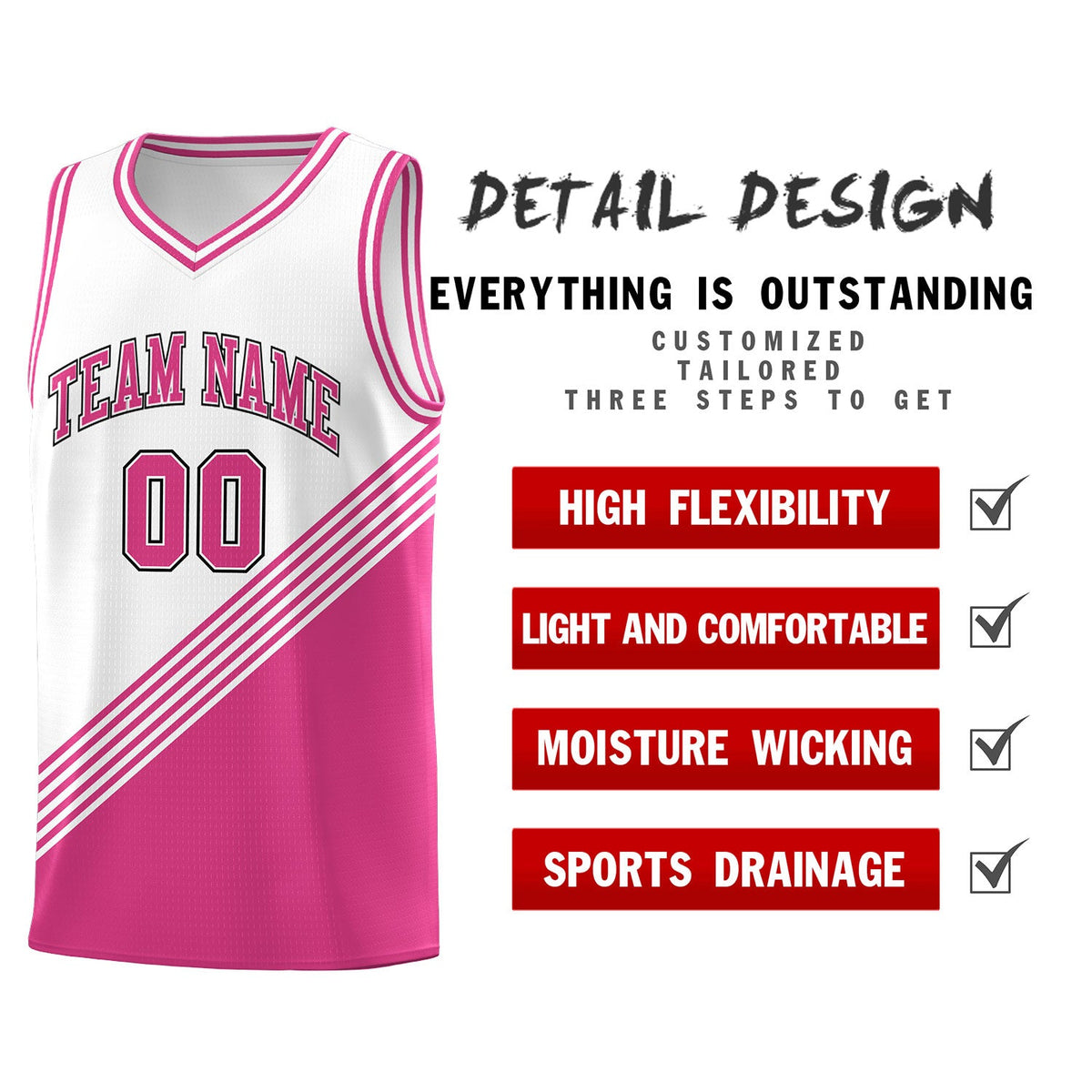 Custom White Pink Diagonal Stripes Color Block Sets Basketball Jersey | For Men,For Youth,Sublimation Printed,Perfect for Training,Perfect for Teams | KXKSHOP