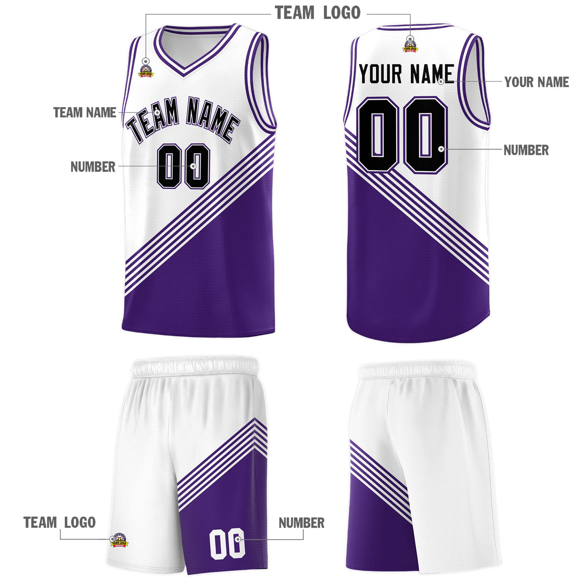 Custom White Purple Diagonal Stripes Color Block Sets Basketball Jersey | For Men,For Youth,Sublimation Printed,Perfect for Training,Perfect for Teams | KXKSHOP
