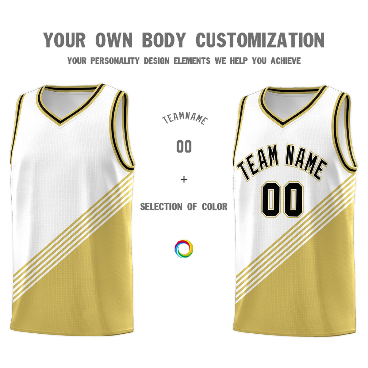 Custom White Old Gold Black Diagonal Stripes Color Block Sets Basketball Jersey | For Men,For Youth,Sublimation Printed,Perfect for Training,Perfect for Teams | KXKSHOP