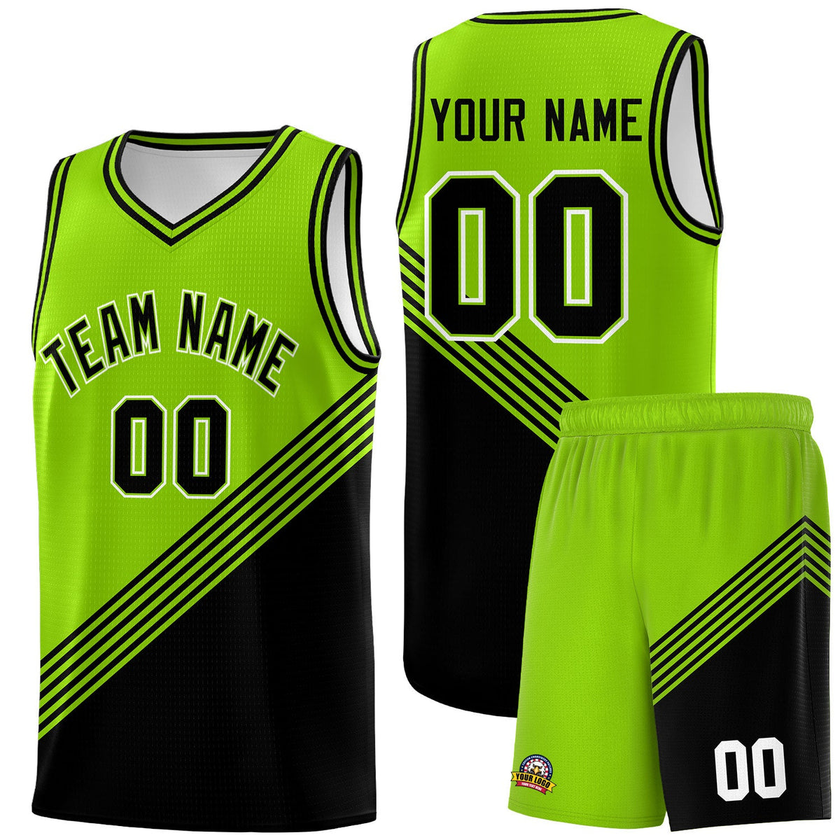 Custom Neon Green Black Diagonal Stripes Color Block Sets Basketball Jersey | For Men,For Youth,Sublimation Printed,Perfect for Training,Perfect for Teams | KXKSHOP