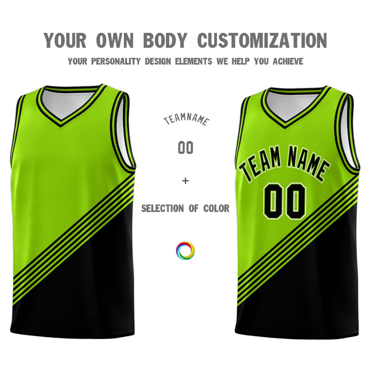 Custom Neon Green Black Diagonal Stripes Color Block Sets Basketball Jersey | For Men,For Youth,Sublimation Printed,Perfect for Training,Perfect for Teams | KXKSHOP