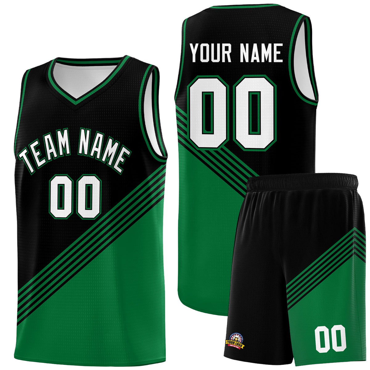 Custom Black Kelly Green Diagonal Stripes Color Block Sets Basketball Jersey | For Men,For Youth,Sublimation Printed,Perfect for Training,Perfect for Teams | KXKSHOP
