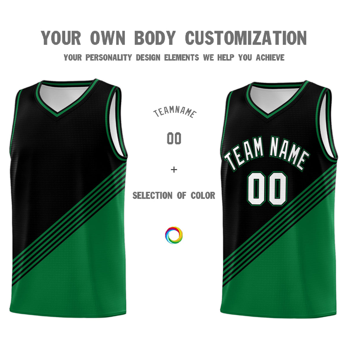 Custom Black Kelly Green Diagonal Stripes Color Block Sets Basketball Jersey | For Men,For Youth,Sublimation Printed,Perfect for Training,Perfect for Teams | KXKSHOP