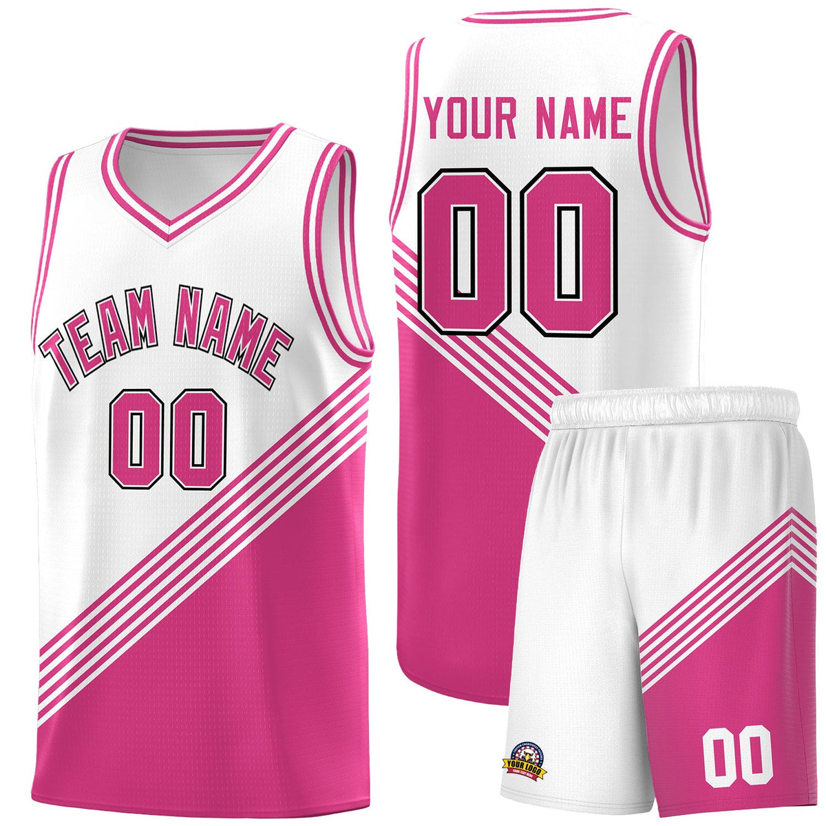 Custom White Pink Diagonal Stripes Color Block Sets Basketball Jersey | For Men,For Youth,Sublimation Printed,Perfect for Training,Perfect for Teams | KXKSHOP