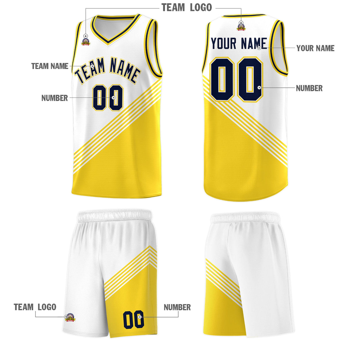 Custom White Gold Navy Diagonal Stripes Color Block Sets Basketball Jersey | For Men,For Youth,Sublimation Printed,Perfect for Training,Perfect for Teams | KXKSHOP