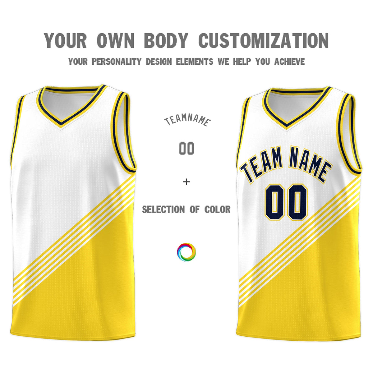 Custom White Gold Navy Diagonal Stripes Color Block Sets Basketball Jersey | For Men,For Youth,Sublimation Printed,Perfect for Training,Perfect for Teams | KXKSHOP