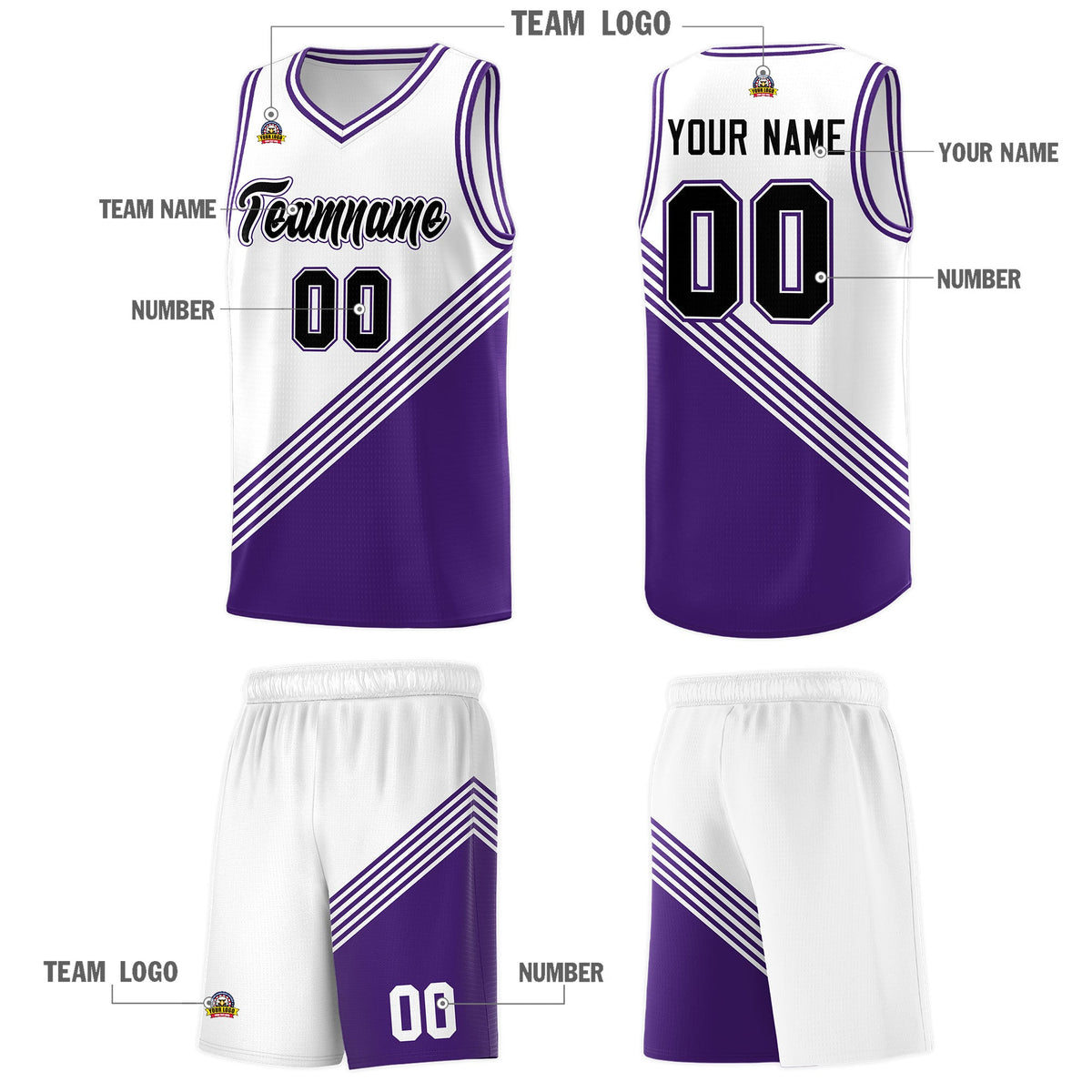 Custom White Purple Diagonal Stripes Color Block Sets Basketball Jersey | For Men,For Youth,Sublimation Printed,Perfect for Training,Perfect for Teams | KXKSHOP