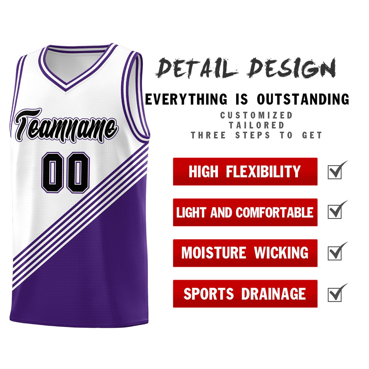 Custom White Purple Diagonal Stripes Color Block Sets Basketball Jersey | For Men,For Youth,Sublimation Printed,Perfect for Training,Perfect for Teams | KXKSHOP