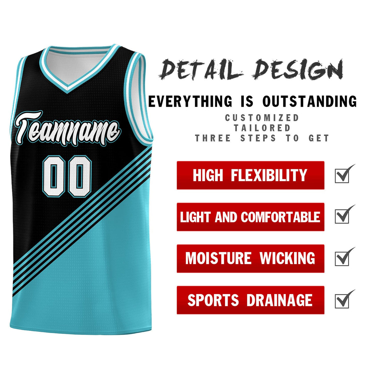 Custom Black Sky Blue White Diagonal Stripes Color Block Sets Basketball Jersey | For Men,For Youth,Sublimation Printed,Perfect for Training,Perfect for Teams | KXKSHOP