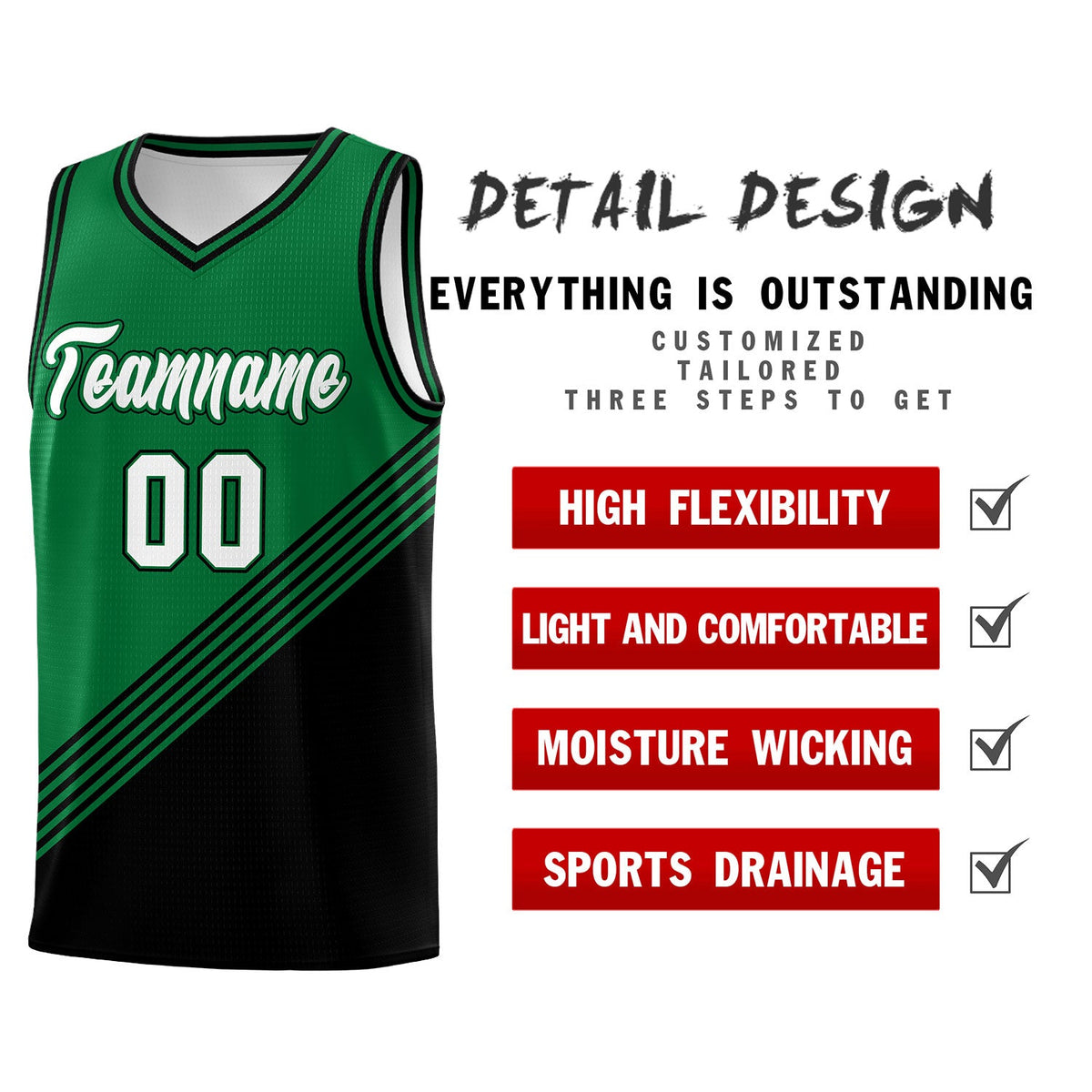 Custom Kelly Green Black Diagonal Stripes Color Block Sets Basketball Jersey | For Men,For Youth,Sublimation Printed,Perfect for Training,Perfect for Teams | KXKSHOP