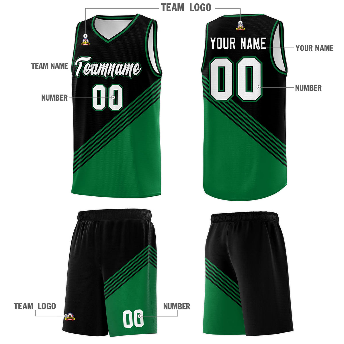 Custom Black Kelly Green Diagonal Stripes Color Block Sets Basketball Jersey | For Men,For Youth,Sublimation Printed,Perfect for Training,Perfect for Teams | KXKSHOP
