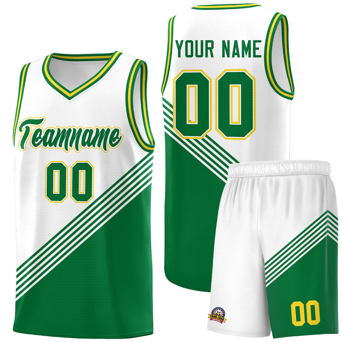 Custom White Kelly Green Gold Diagonal Stripes Color Block Sets Basketball Jersey | For Men,For Youth,Sublimation Printed,Perfect for Training,Perfect for Teams | KXKSHOP