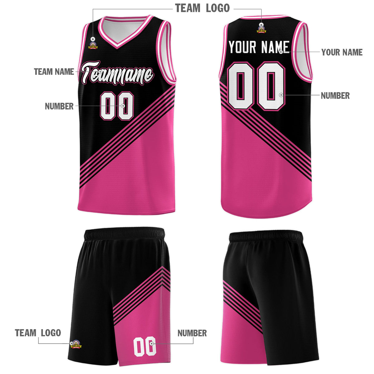 Custom Black Pink White Diagonal Stripes Color Block Sets Basketball Jersey | For Men,For Youth,Sublimation Printed,Perfect for Training,Perfect for Teams | KXKSHOP