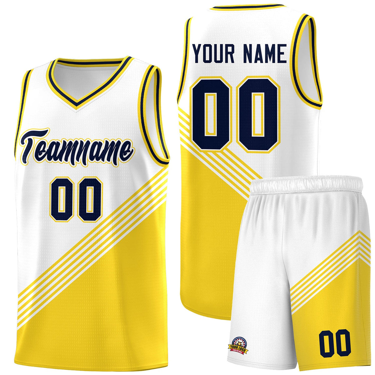 Custom White Gold Navy Diagonal Stripes Color Block Sets Basketball Jersey | For Men,For Youth,Sublimation Printed,Perfect for Training,Perfect for Teams | KXKSHOP