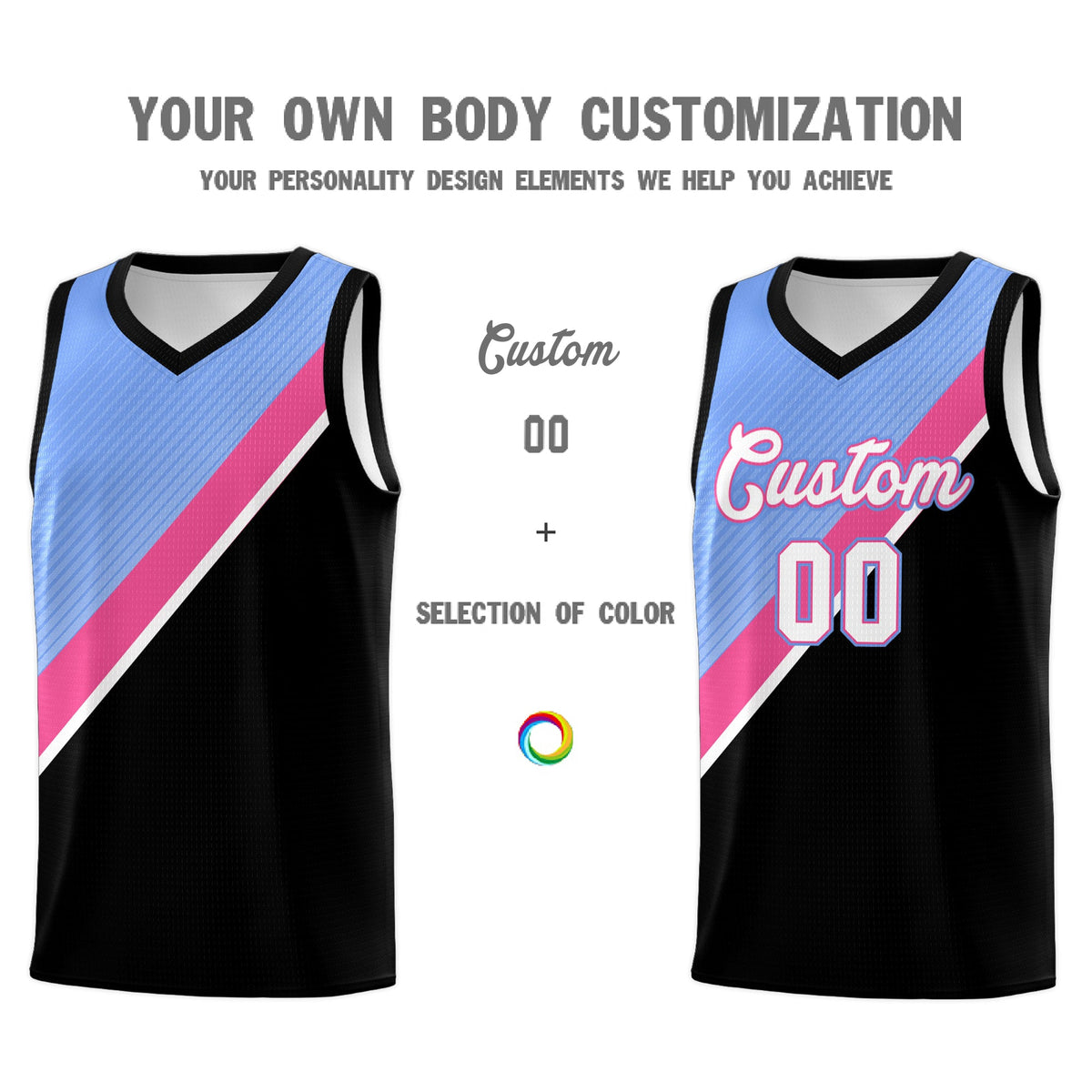 Custom Light Blue Pink Black Diagonal Stripes Color Block Sets Basketball Jersey | For Men,Perfect for Teams,Perfect for Coaches,Sublimation Printed,For Kid,For Youth | KXKSHOP