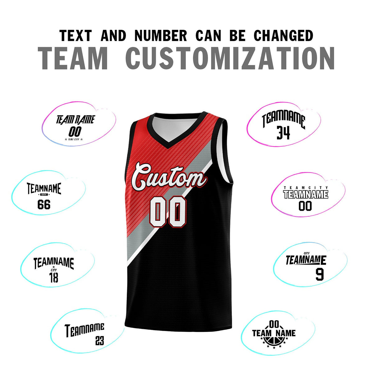 Custom Black Red Silver Gray Diagonal Stripes Color Block Sets Basketball Jersey | For Men,Perfect for Teams,Perfect for Coaches,Sublimation Printed,For Kid,For Youth | KXKSHOP