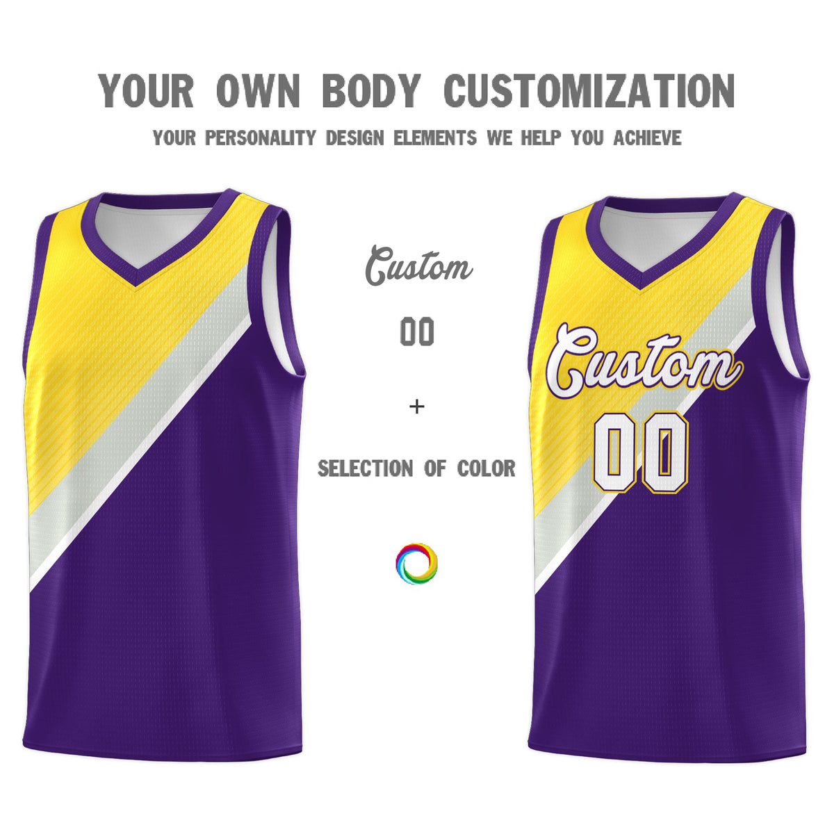 Custom Purple Gold Gray Diagonal Stripes Color Block Sets Basketball Jersey | For Men,Perfect for Teams,Perfect for Coaches,Sublimation Printed,For Kid,For Youth | KXKSHOP