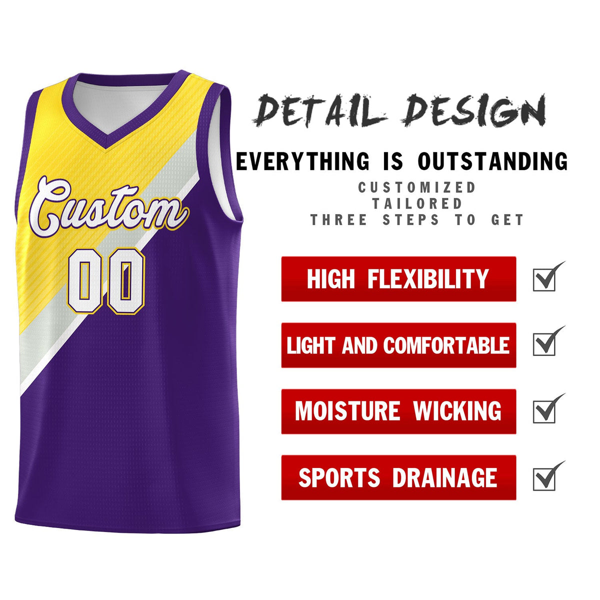 Custom Purple Gold Gray Diagonal Stripes Color Block Sets Basketball Jersey | For Men,Perfect for Teams,Perfect for Coaches,Sublimation Printed,For Kid,For Youth | KXKSHOP