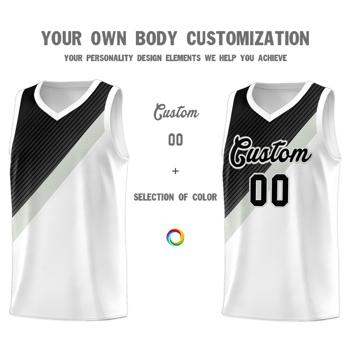 Custom White Black Gray Diagonal Stripes Color Block Sets Basketball Jersey | For Men,Perfect for Teams,Perfect for Coaches,Sublimation Printed,For Kid,For Youth | KXKSHOP