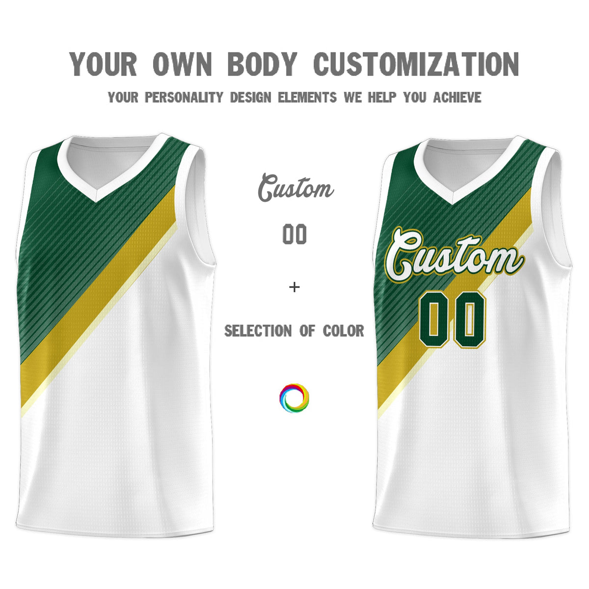 Custom White Hunter Green Old Gold Diagonal Stripes Color Block Sets Basketball Jersey | For Men,Perfect for Teams,Perfect for Coaches,Sublimation Printed,For Kid,For Youth | KXKSHOP