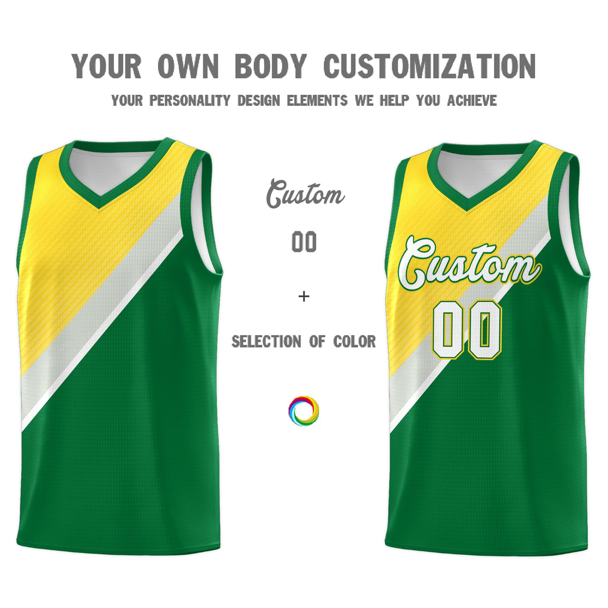Custom Kelly Green Gold Gray Diagonal Stripes Color Block Sets Basketball Jersey | For Men,Perfect for Teams,Perfect for Coaches,Sublimation Printed,For Kid,For Youth | KXKSHOP