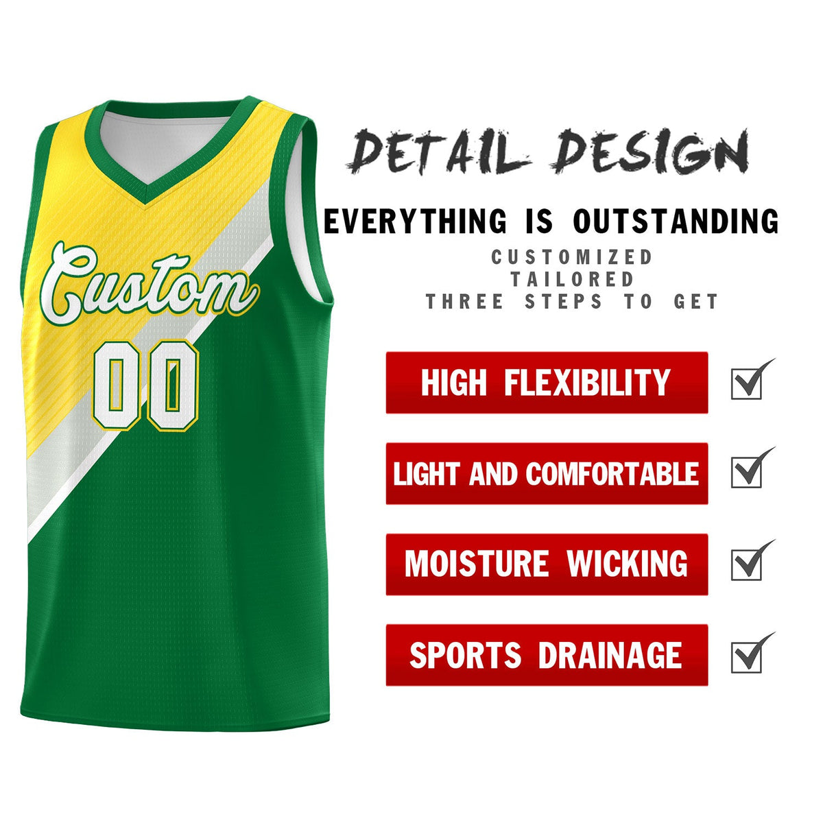Custom Kelly Green Gold Gray Diagonal Stripes Color Block Sets Basketball Jersey | For Men,Perfect for Teams,Perfect for Coaches,Sublimation Printed,For Kid,For Youth | KXKSHOP