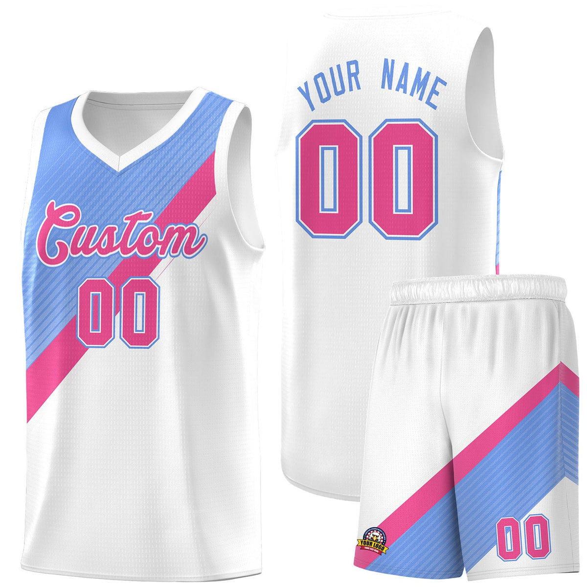 Custom Light Blue Pink White Diagonal Stripes Color Block Sets Basketball Jersey | For Men,Perfect for Teams,Perfect for Coaches,Sublimation Printed,For Kid,For Youth | KXKSHOP