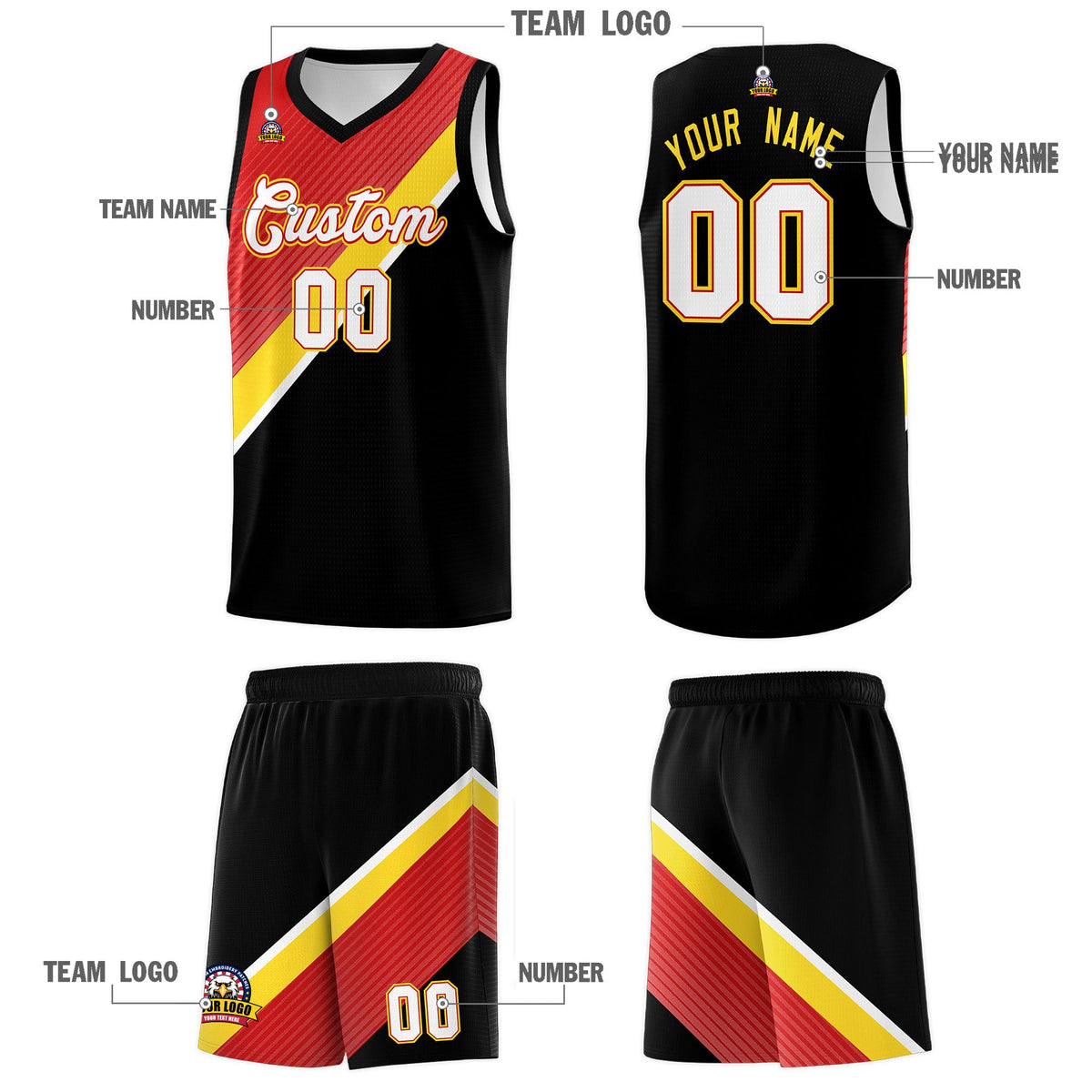 Custom Red Gold Black Diagonal Stripes Color Block Sets Basketball Jersey | For Men,Perfect for Teams,Perfect for Coaches,Sublimation Printed,For Kid,For Youth | KXKSHOP