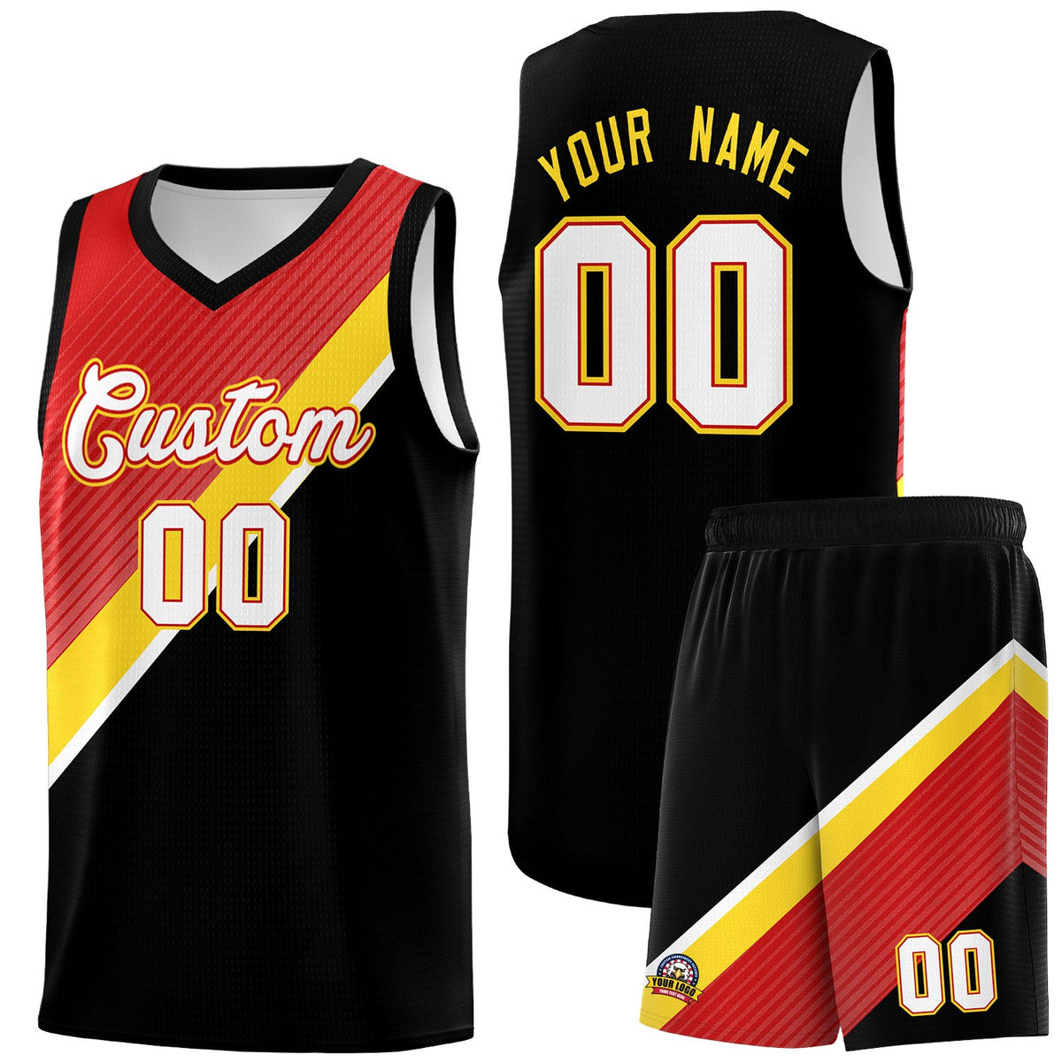 Custom Red Gold Black Diagonal Stripes Color Block Sets Basketball Jersey | For Men,Perfect for Teams,Perfect for Coaches,Sublimation Printed,For Kid,For Youth | KXKSHOP